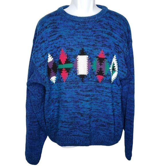 Vintage 80s Geometric Oversized Cotton Sweater XL Southwest Diamond Blue Black - Picture 1 of 4